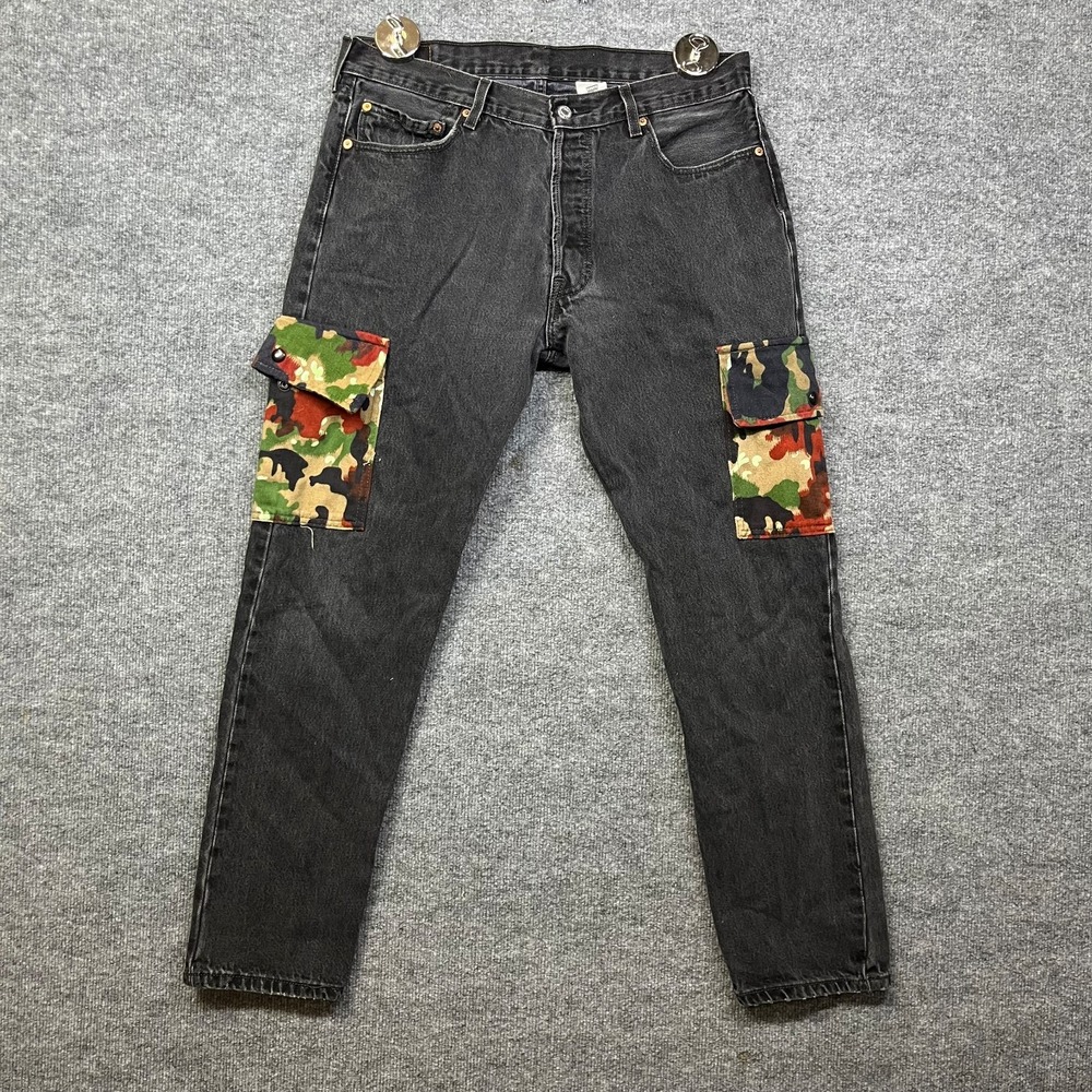 Levi’s 501 Jeans Men's Black Denim Camo Pockets Straight Fit Button Fly - 36X32